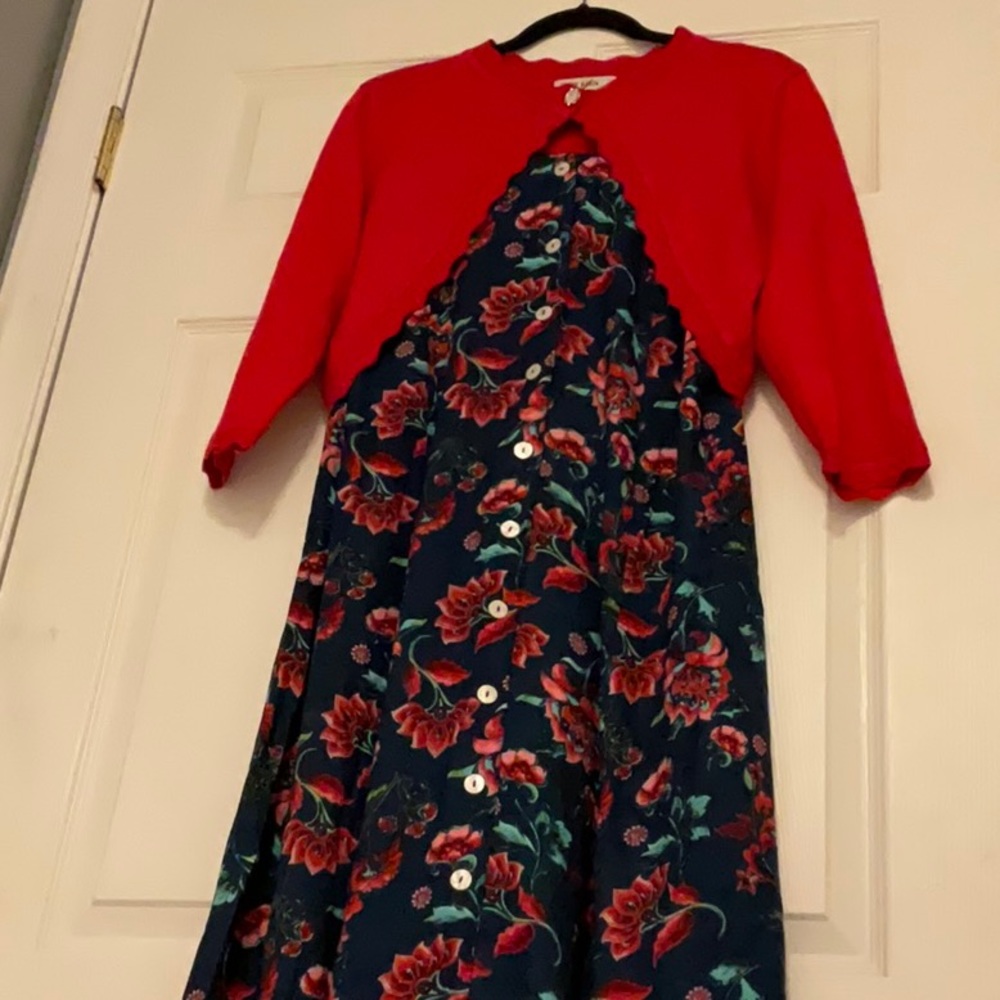 Koret Navy Blue Button Front Dress with Floral Pattern, Petite Large